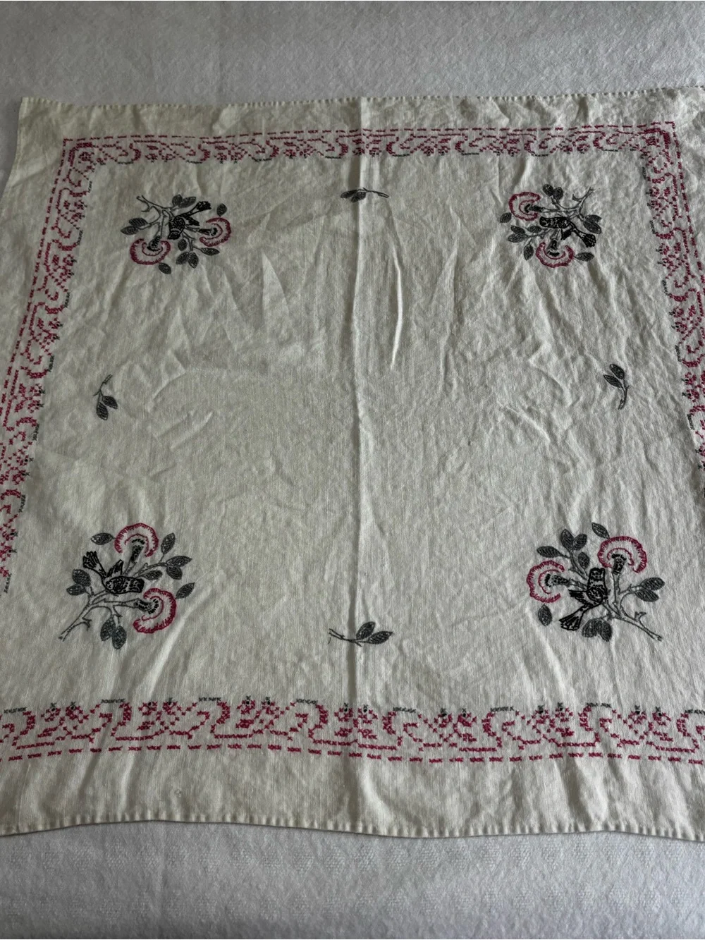 Embroidered Floral Tablecloth or Blanket - White with Pink & Black Accents